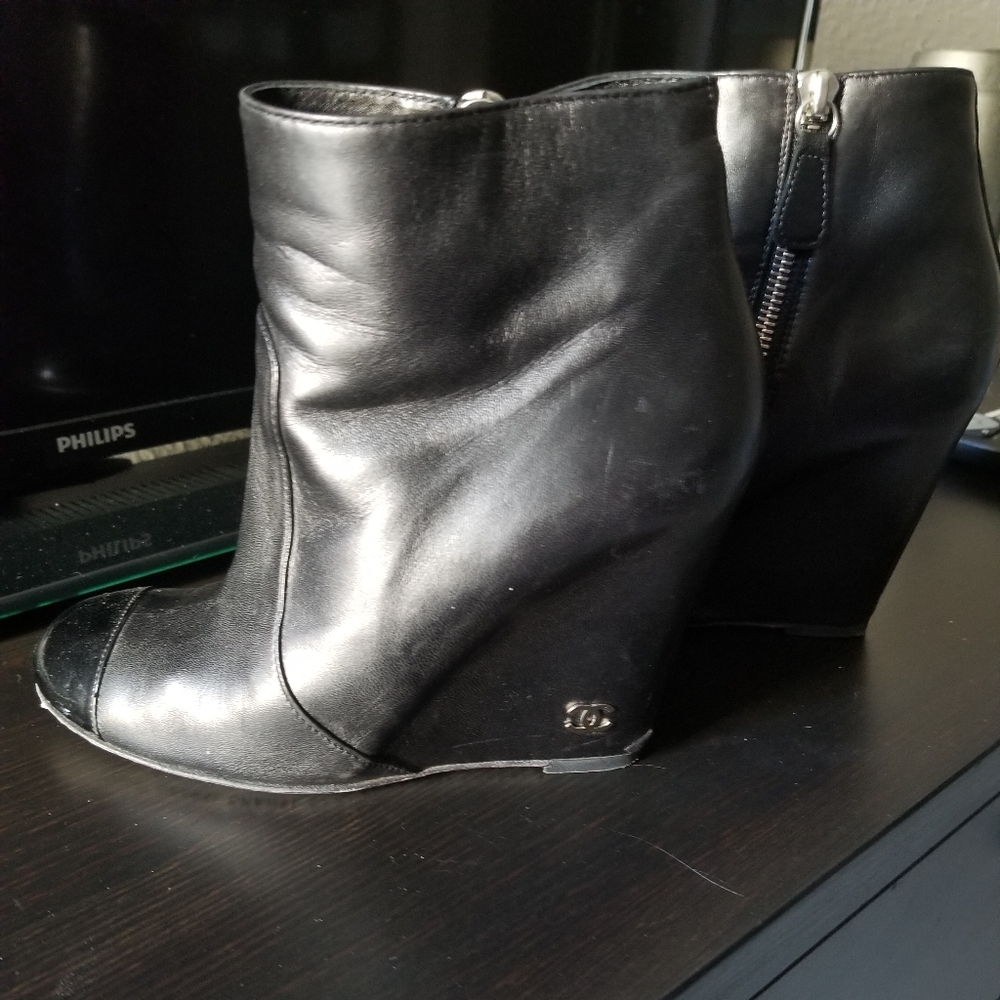 Chanel black lambskin runway captoe wedge booties